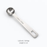 Stainless-steel 1.25 ml / 1/4 tsp measuring spoon, 11 cm long.