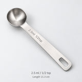 Stainless-steel 2.5 ml / 1/2 tsp measuring spoon, 11.3 cm long.