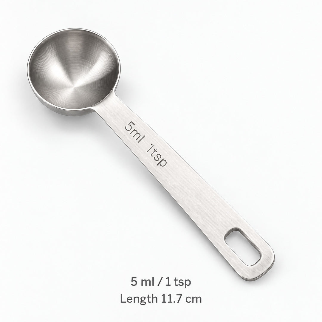 Stainless-steel 5 ml / 1 tsp measuring spoon, 11.7 cm long.