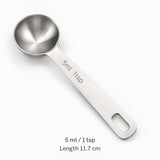 Stainless-steel 5 ml / 1 tsp measuring spoon, 11.7 cm long.