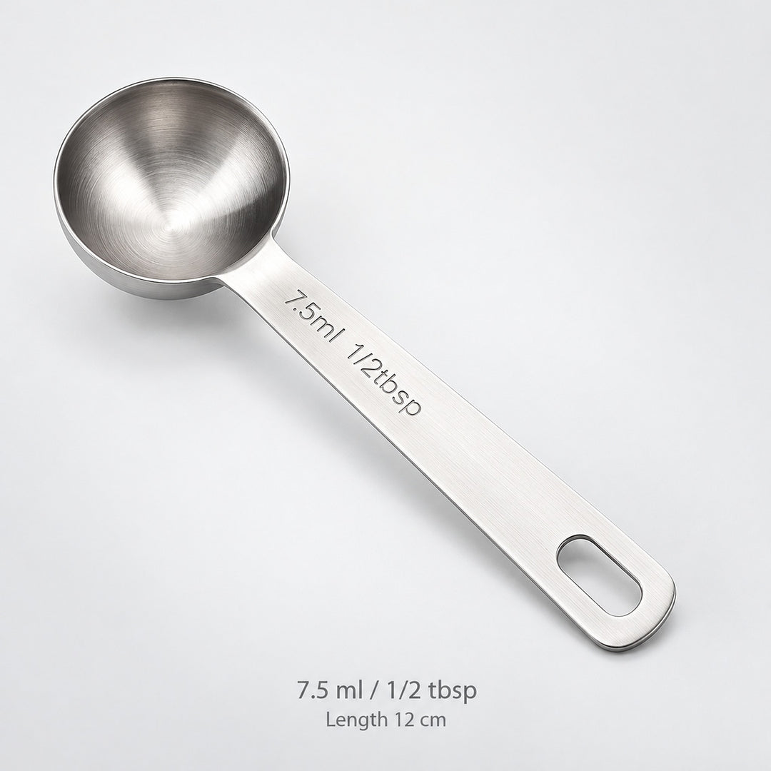 Stainless-steel 7.5 ml / 1/2 tbsp measuring spoon, 12 cm long.
