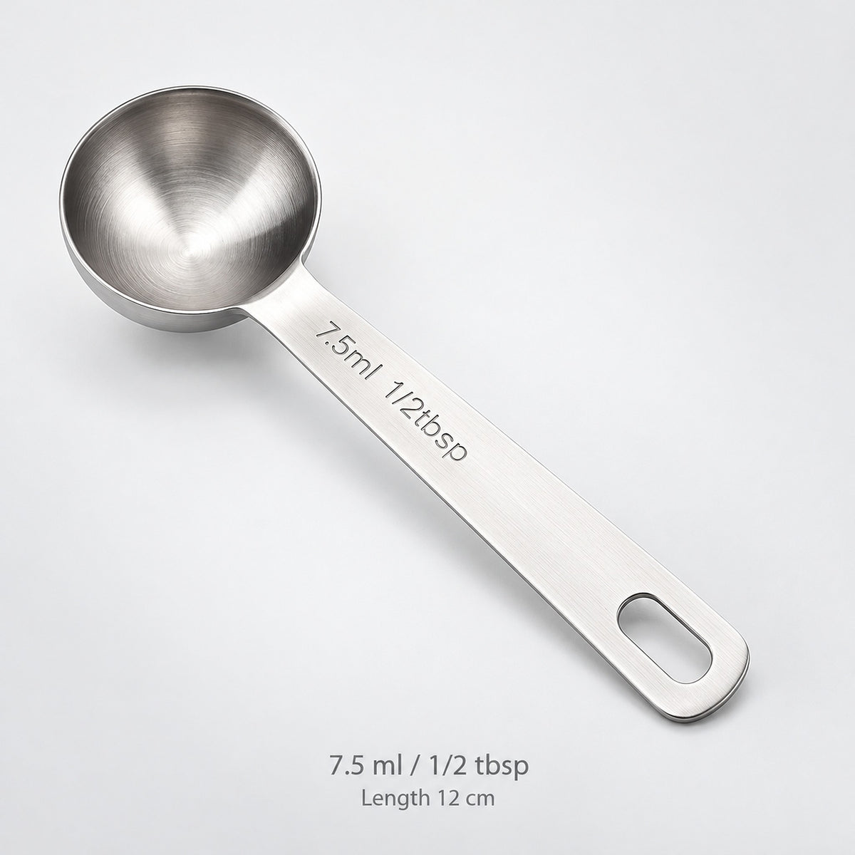 Stainless-steel 7.5 ml / 1/2 tbsp measuring spoon, 12 cm long.