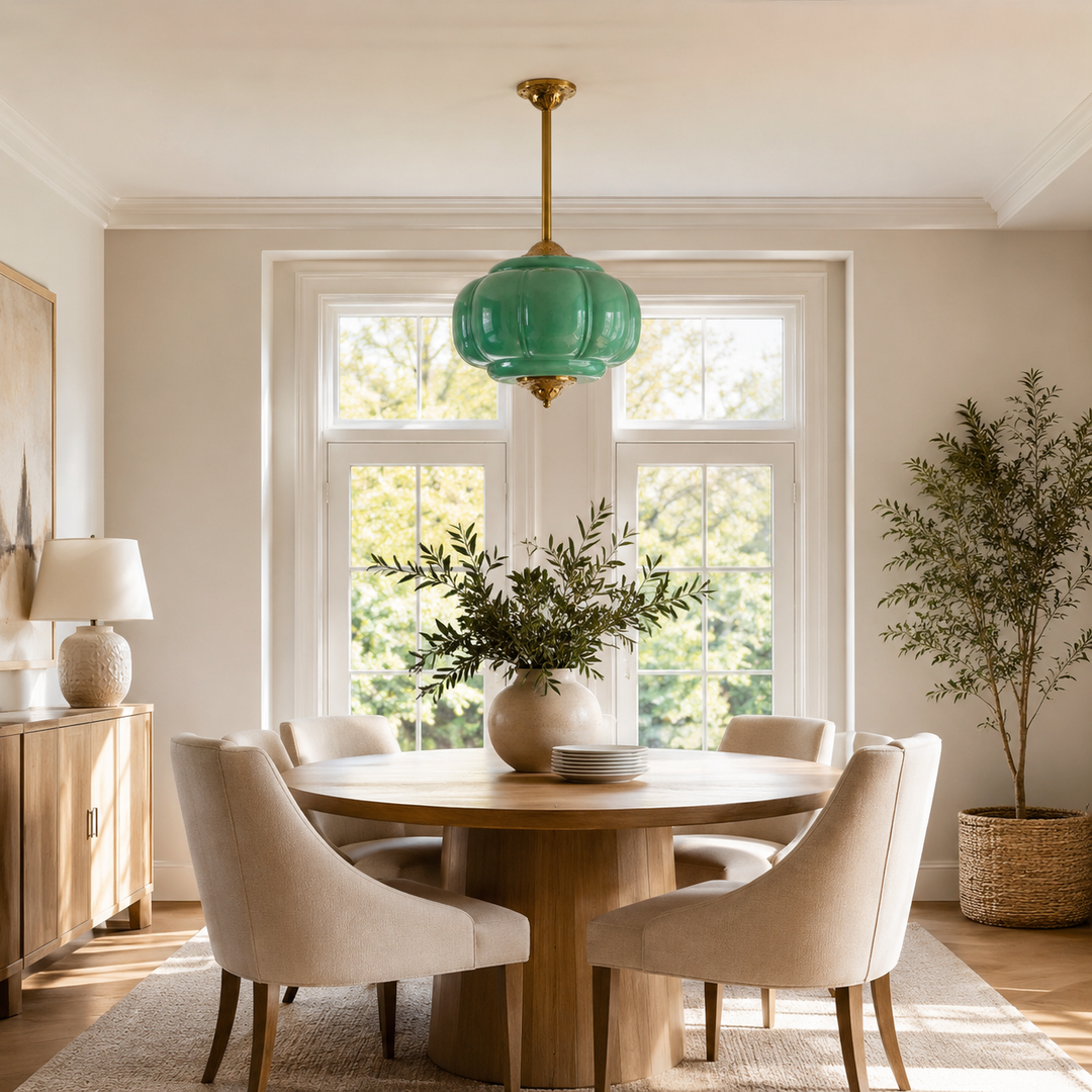 Dining room with a round wooden table and beige chairs, green pendant light, and large windows.