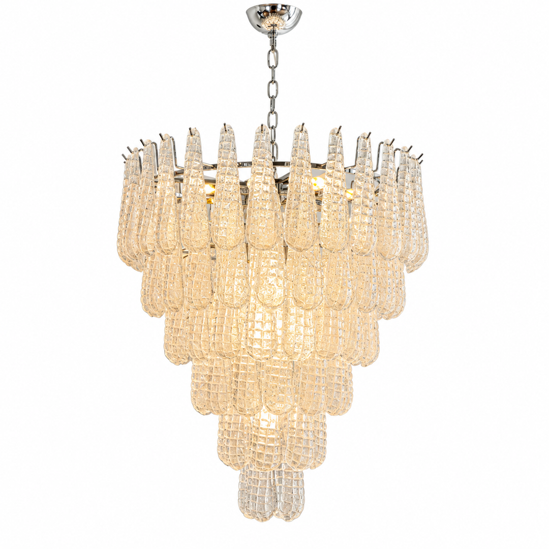 A modern tiered chandelier featuring textured clear glass teardrop-shaped drops on a polished silver metal frame, suspended by a chain against a plain white background.