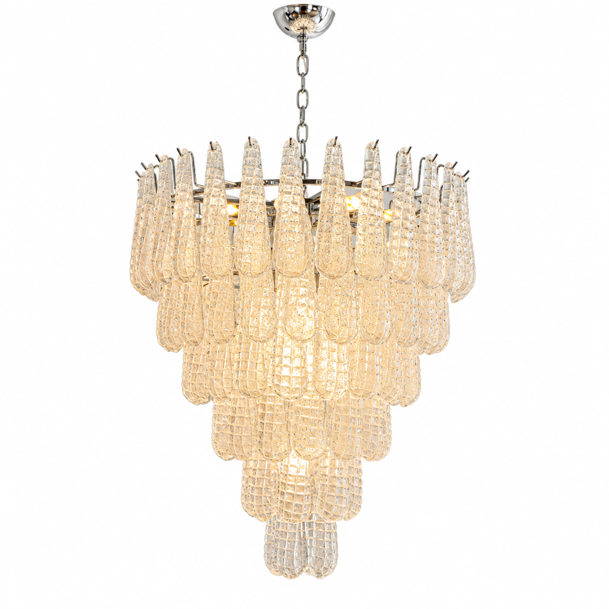 A modern tiered chandelier featuring textured clear glass teardrop-shaped drops on a polished silver metal frame, suspended by a chain against a plain white background.