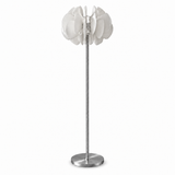 A modern floor lamp with a brushed silver metal stand and a white flower-like shade made of layered petal shapes, shown against a plain white background.