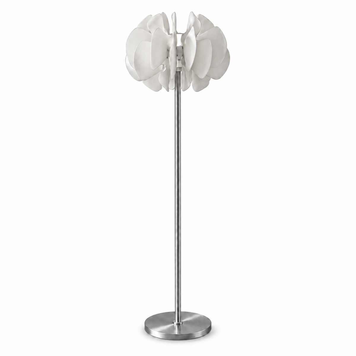 A modern floor lamp with a brushed silver metal stand and a white flower-like shade made of layered petal shapes, shown against a plain white background.