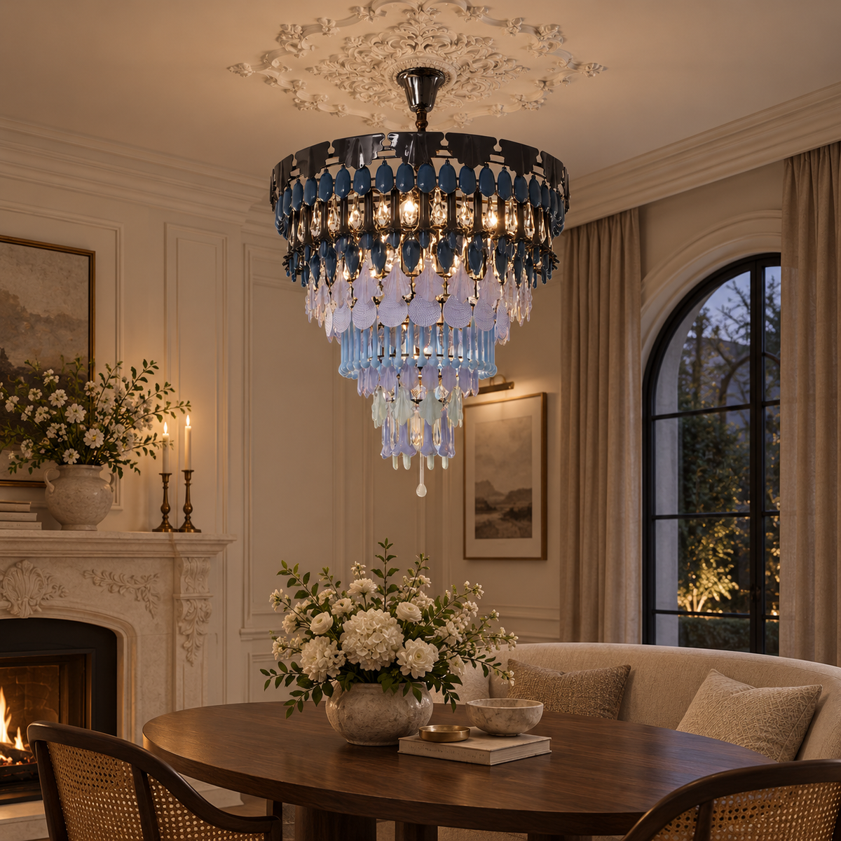 A luxury chandelier with cascading blue and clear crystal drops and a dark metal frame, hanging in an elegant, warmly lit dining room with a fireplace and wooden table.