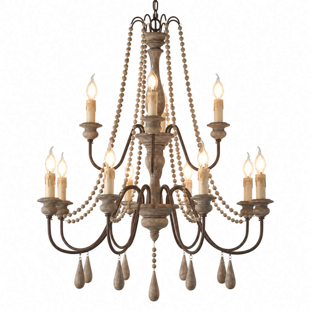 A rustic 10-light chandelier with distressed dark metal arms, wooden bead strands, and hanging teardrop crystal drops, shown against a plain white background.
