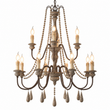 A rustic 10-light chandelier with distressed dark metal arms, wooden bead strands, and hanging teardrop crystal drops, shown against a plain white background.