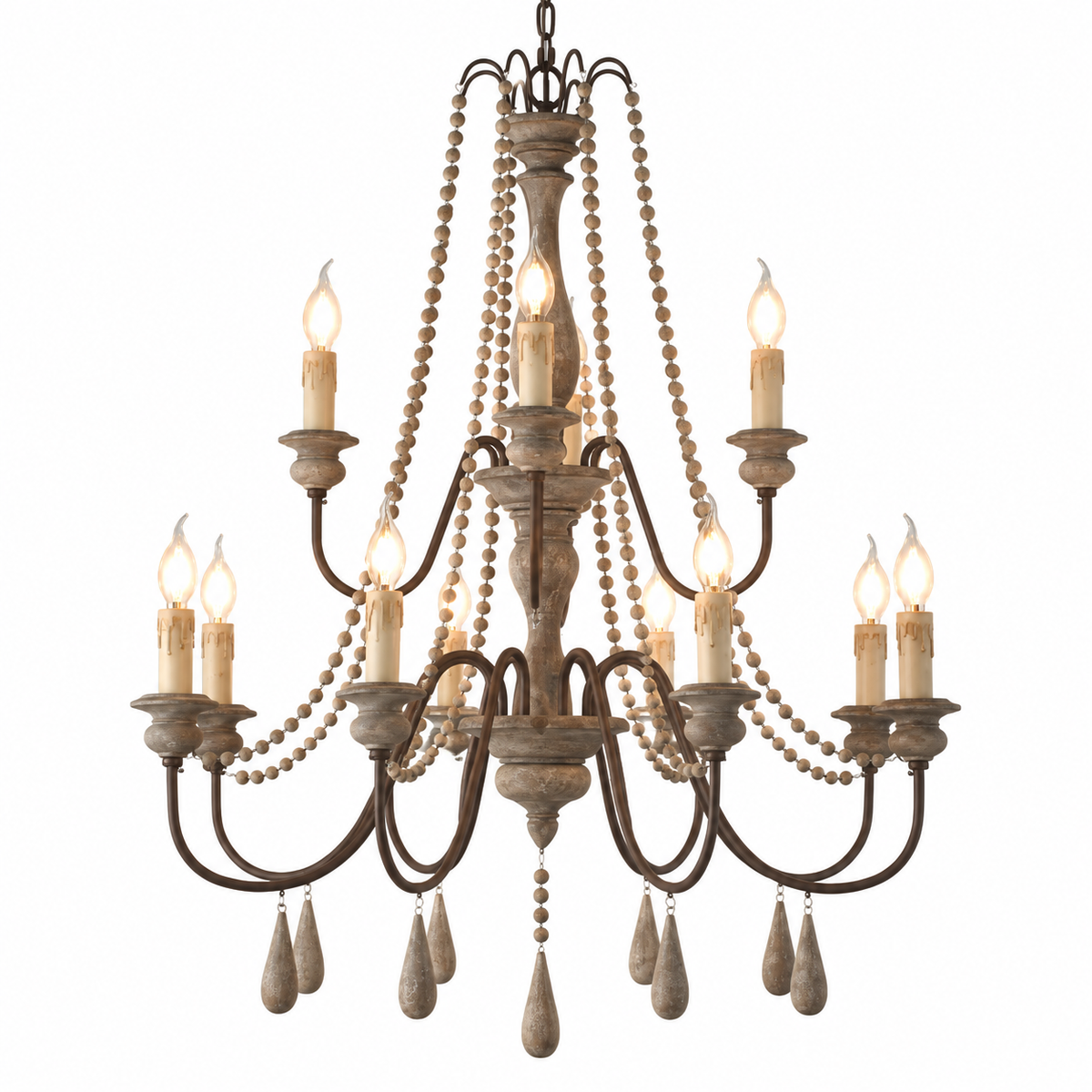 A rustic 10-light chandelier with distressed dark metal arms, wooden bead strands, and hanging teardrop crystal drops, shown against a plain white background.