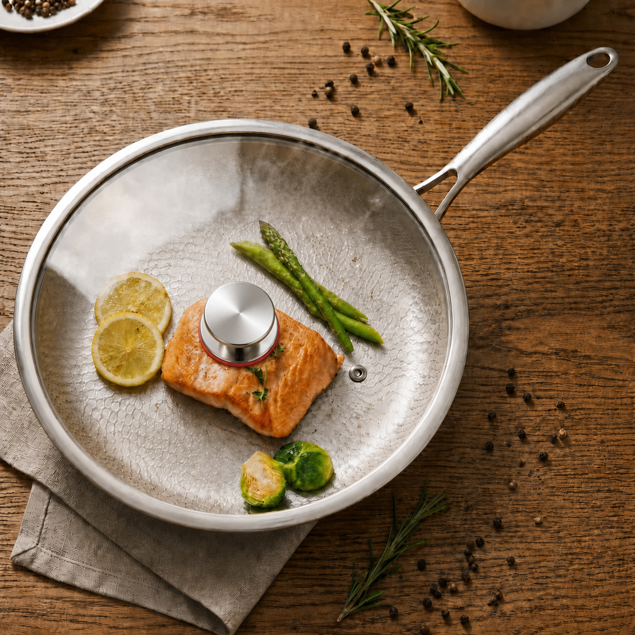 A stainless steel sauté pan with a clear glass lid sits on a rustic wooden table, styled with cooked salmon, asparagus, Brussels sprouts, lemon slices, and rosemary. A silver circular food thermometer is inserted into the salmon.