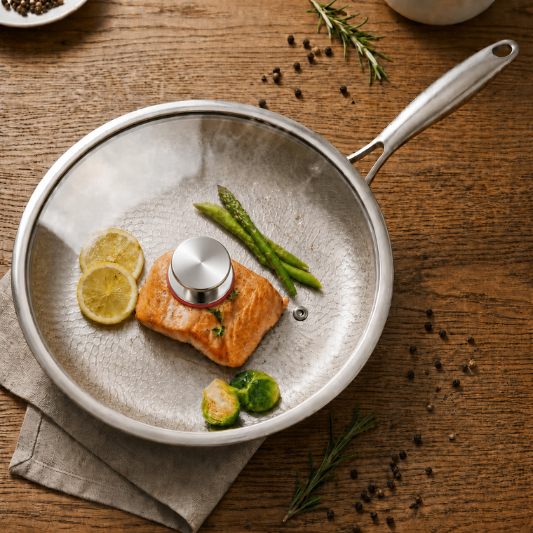 A stainless steel sauté pan with a clear glass lid sits on a rustic wooden table, styled with cooked salmon, asparagus, Brussels sprouts, lemon slices, and rosemary. A silver circular food thermometer is inserted into the salmon.