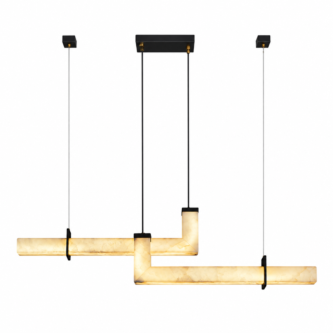 A modern multi-light linear pendant chandelier with a warm cream marble-look glass shade and black metal hardware, suspended against a plain white background.