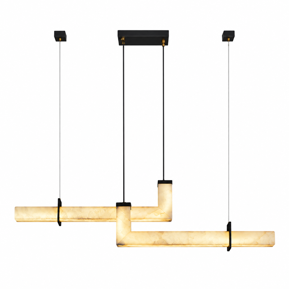 A modern multi-light linear pendant chandelier with a warm cream marble-look glass shade and black metal hardware, suspended against a plain white background.