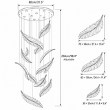 Black and white line drawing of a hanging feather chandelier with dimension annotations showing the overall height of 250cm/98.4" and individual feather widths.