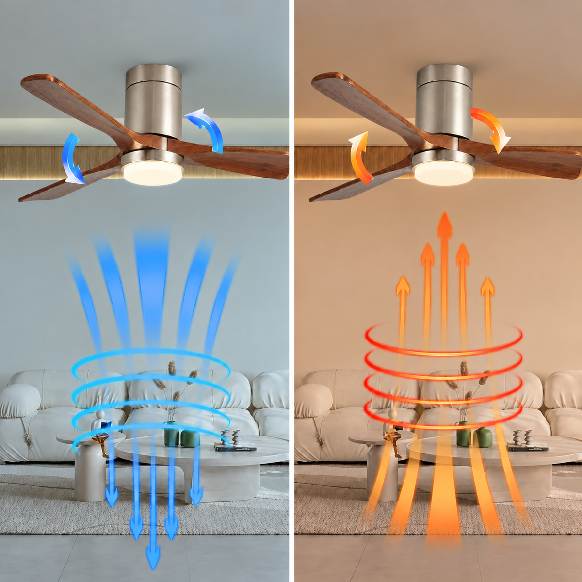 Wood-bladed ceiling fan light with silver housing above a living room sofa, shown beside blue downward and orange upward airflow arrows.