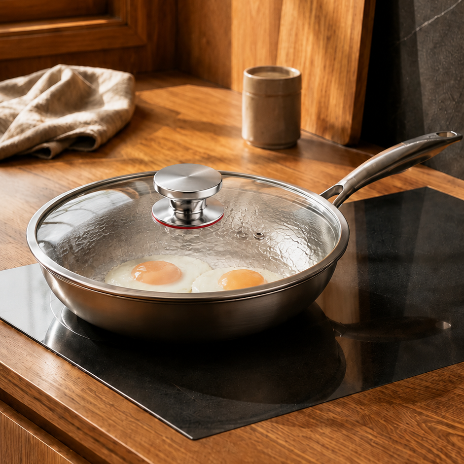 A stainless steel frying pan with a glass lid sits on a black induction cooktop in a warm, rustic kitchen setting. Two eggs are cooking inside the pan, with wooden cabinetry, a cutting board, and a window in the background.
