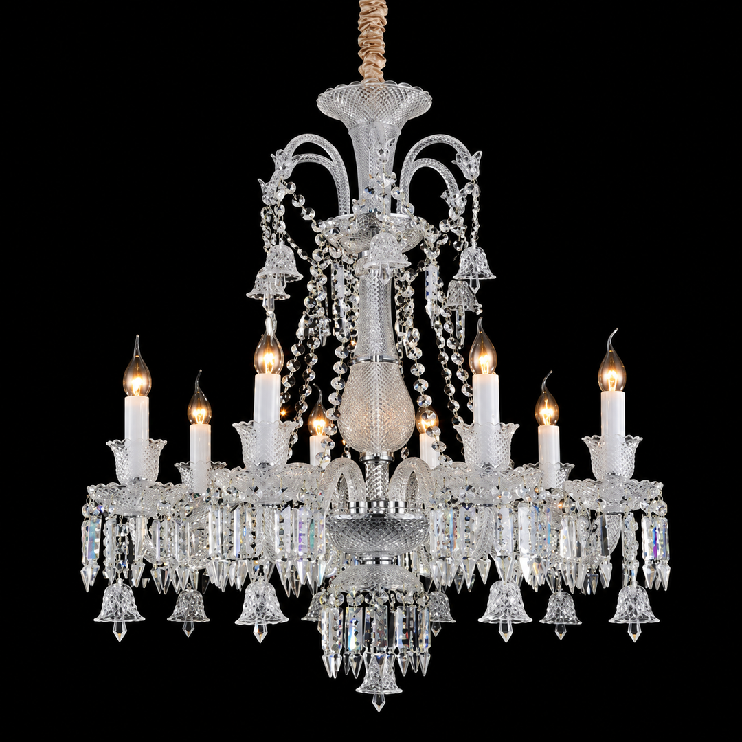An ornate multi-light crystal chandelier with candle-style bulbs, hanging clear glass prisms, and a decorative woven rope detail at the top, shown against a solid black background.