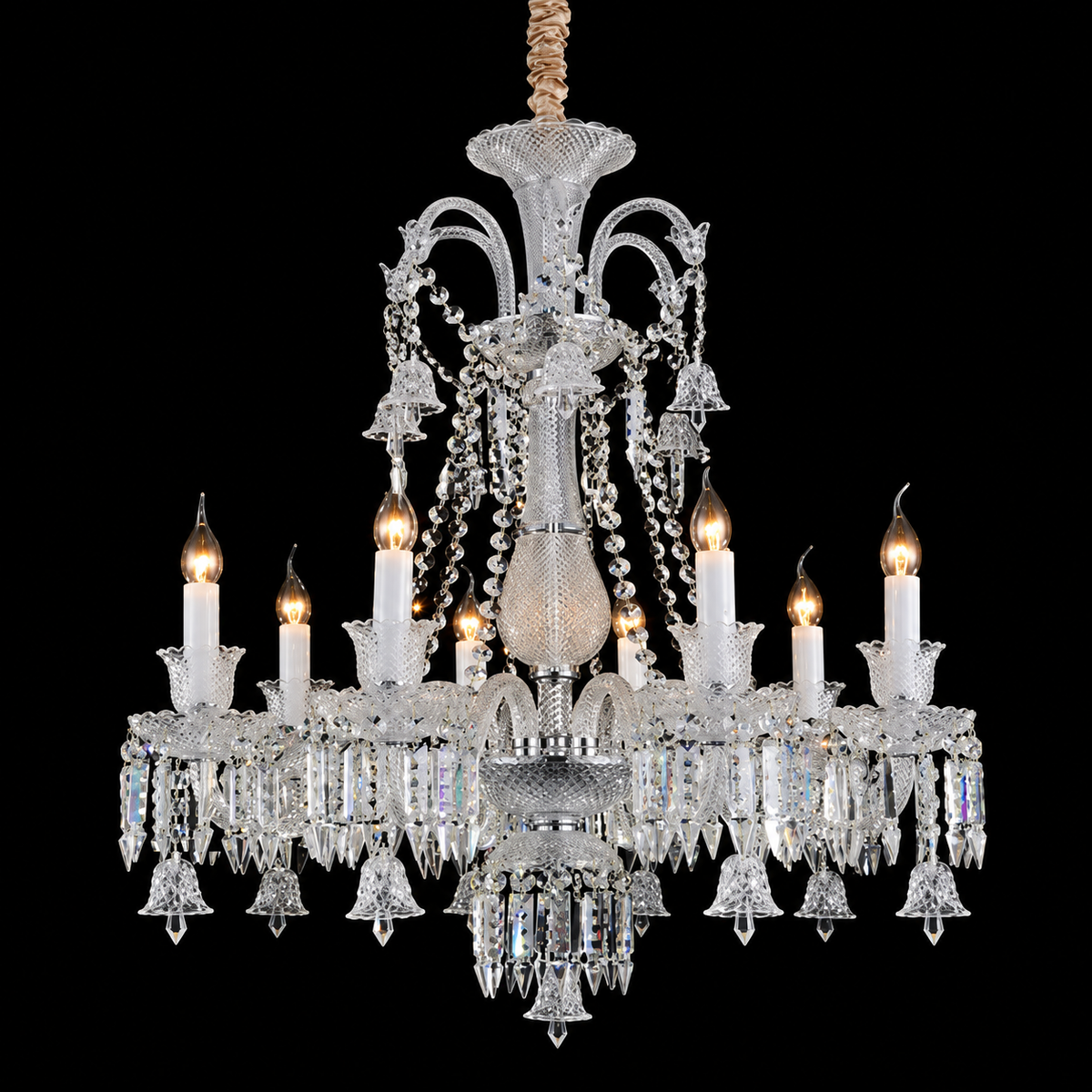 An ornate multi-light crystal chandelier with candle-style bulbs, hanging clear glass prisms, and a decorative woven rope detail at the top, shown against a solid black background.