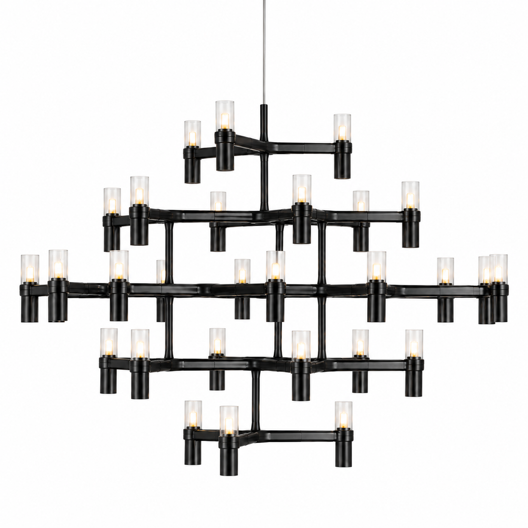 A modern multi-light chandelier with a matte black metal frame and clear cylindrical glass shades, shown against a plain white background.