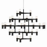 A modern multi-light chandelier with a matte black metal frame and clear cylindrical glass shades, shown against a plain white background.