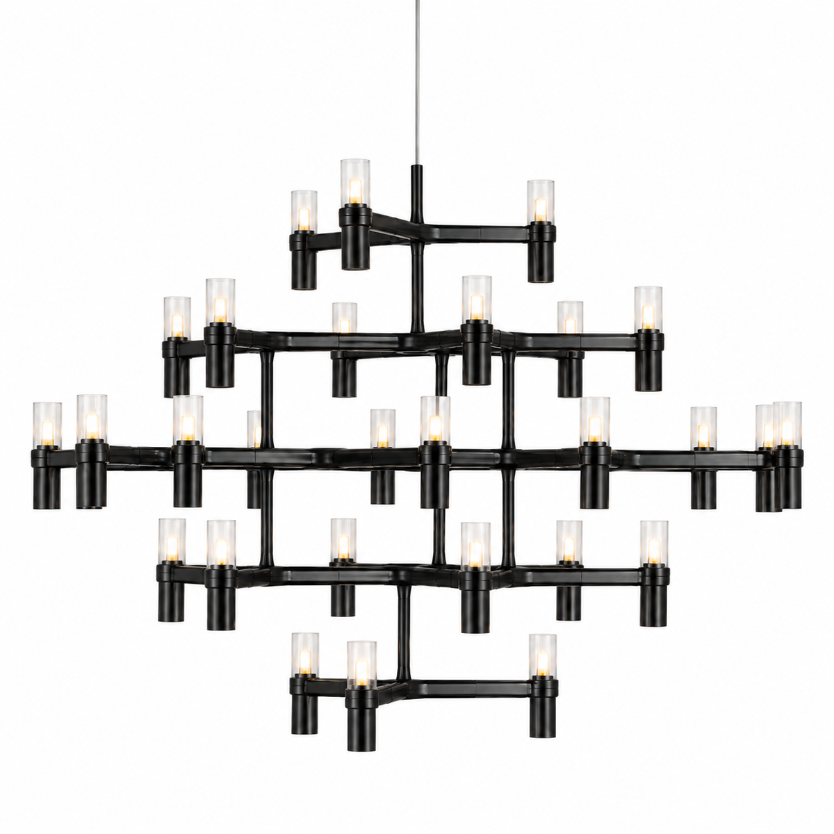 A modern multi-light chandelier with a matte black metal frame and clear cylindrical glass shades, shown against a plain white background.