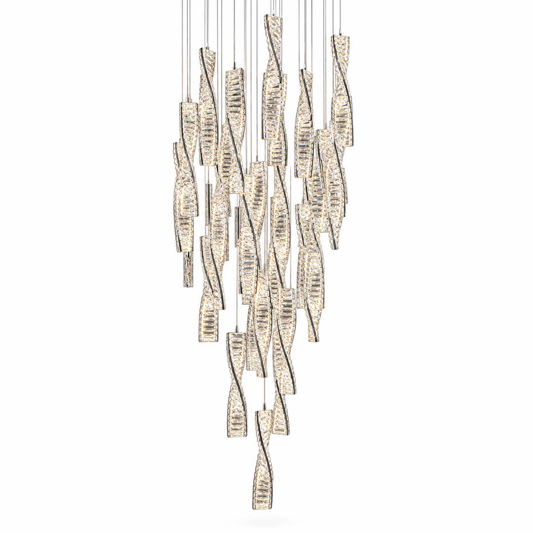 A modern multi-light chandelier with textured, twisted glass pendants in a cascading arrangement, suspended by thin cables against a plain white background.