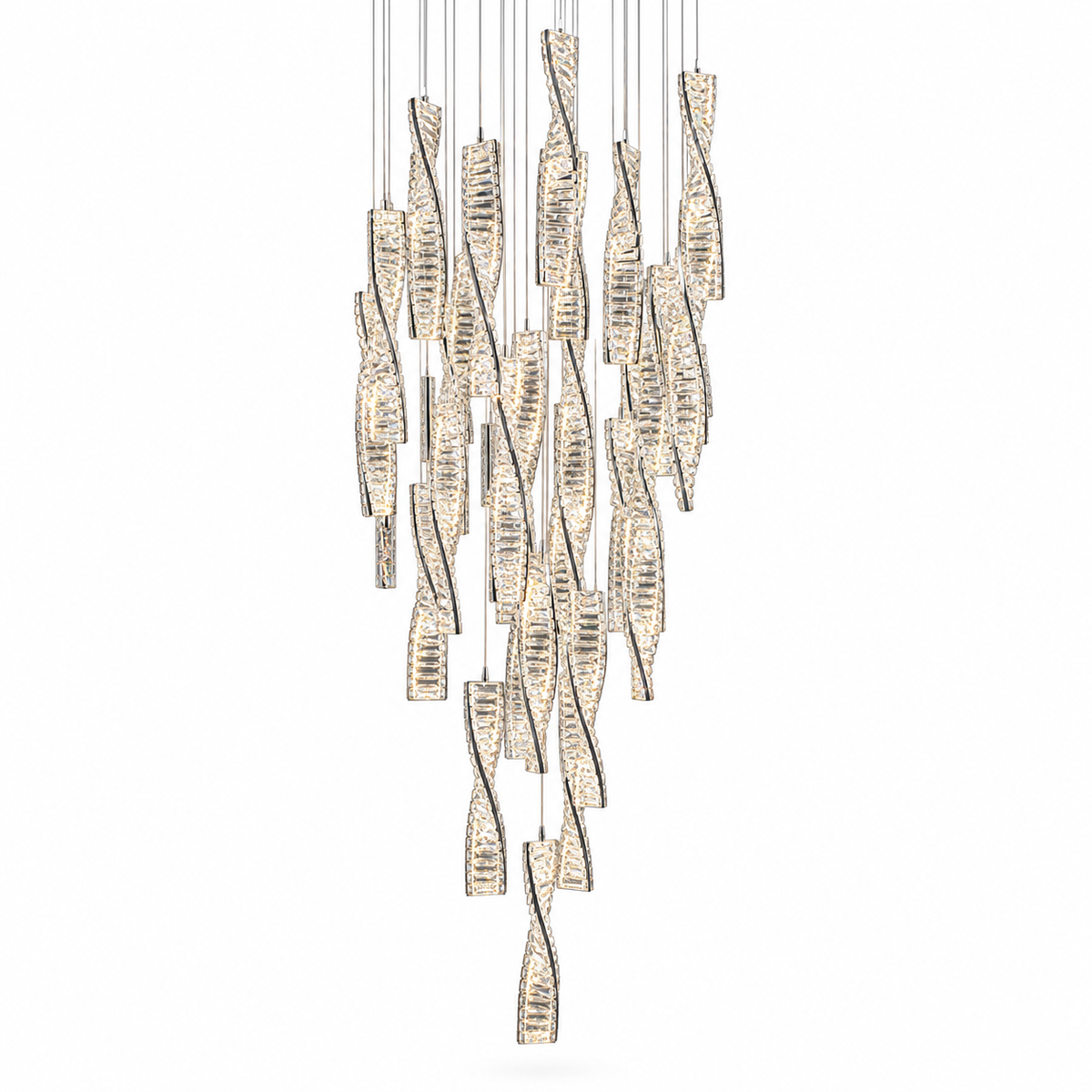 A modern multi-light chandelier with textured, twisted glass pendants in a cascading arrangement, suspended by thin cables against a plain white background.