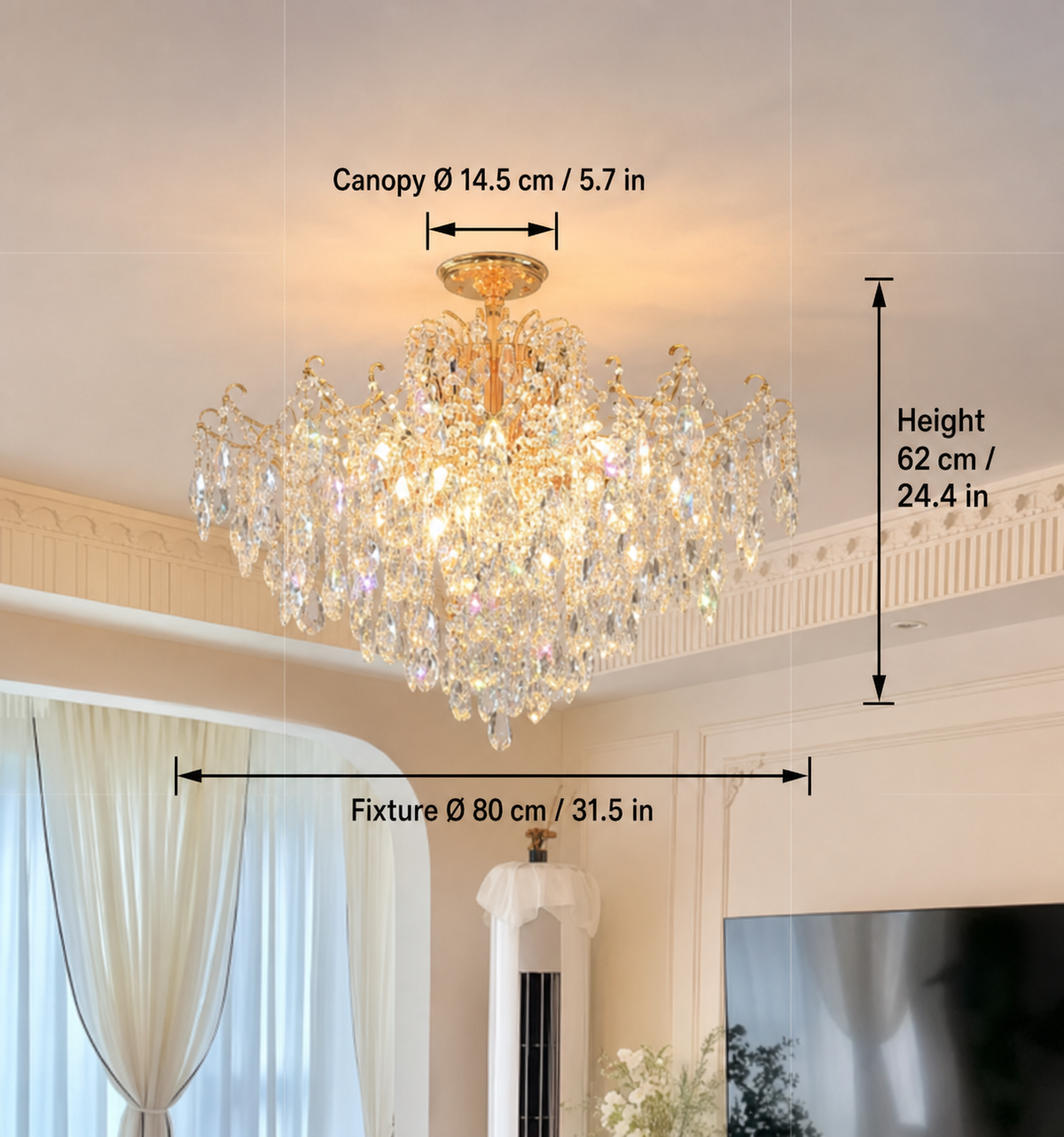 A large multi-tier crystal chandelier with a gold-toned canopy and hanging clear faceted crystals, shown installed in a bright interior. Measurement callouts indicate canopy diameter 14.
