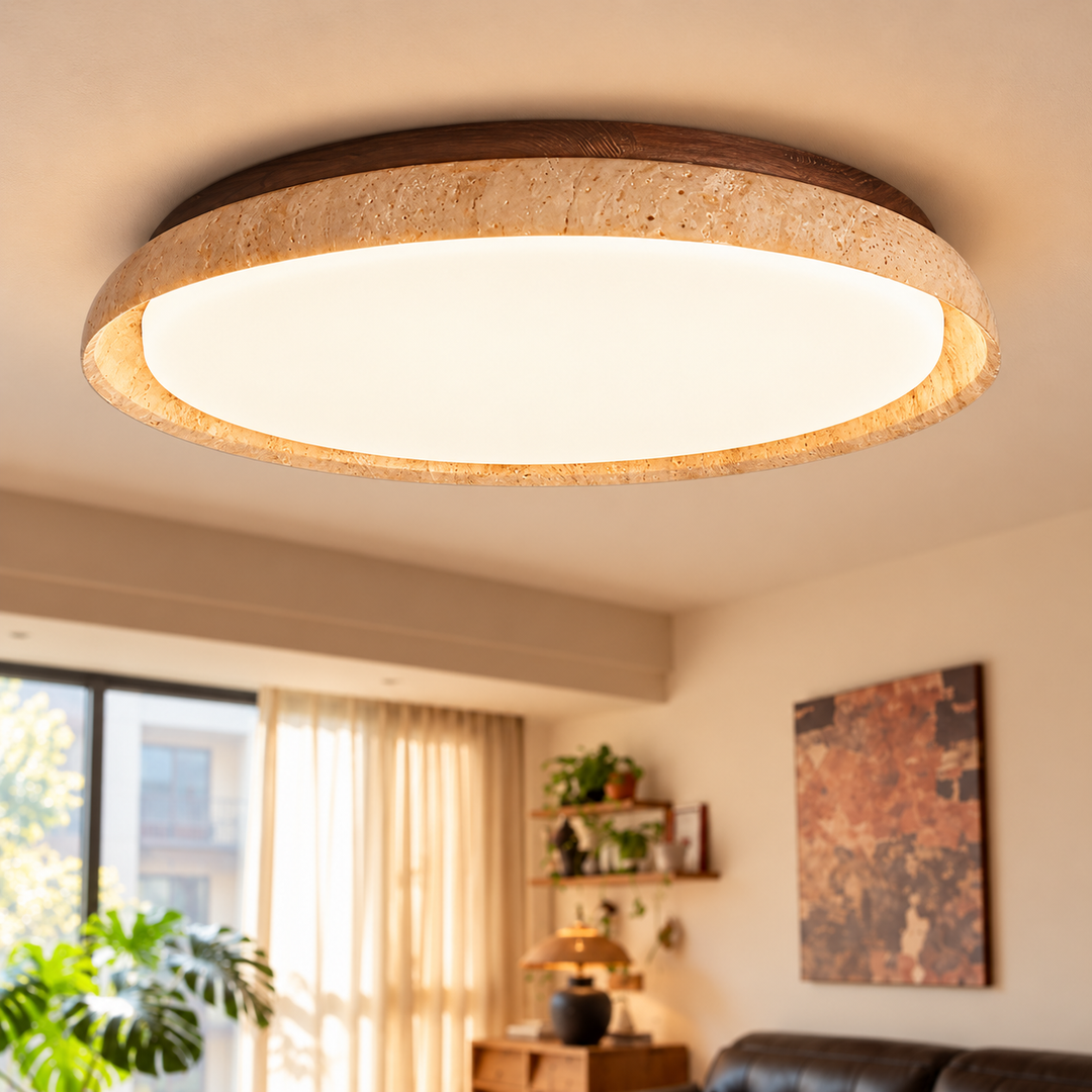 A round flush-mount ceiling light fixture with a textured natural stone outer ring and a dark wood trim, glowing with warm light in a modern living room setting.