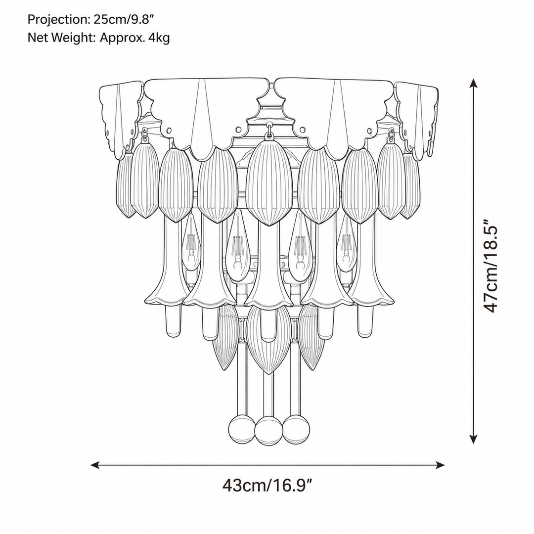 Line drawing of a wall sconce showing its dimensions: 47 cm high, 43 cm wide, and 25 cm projection.