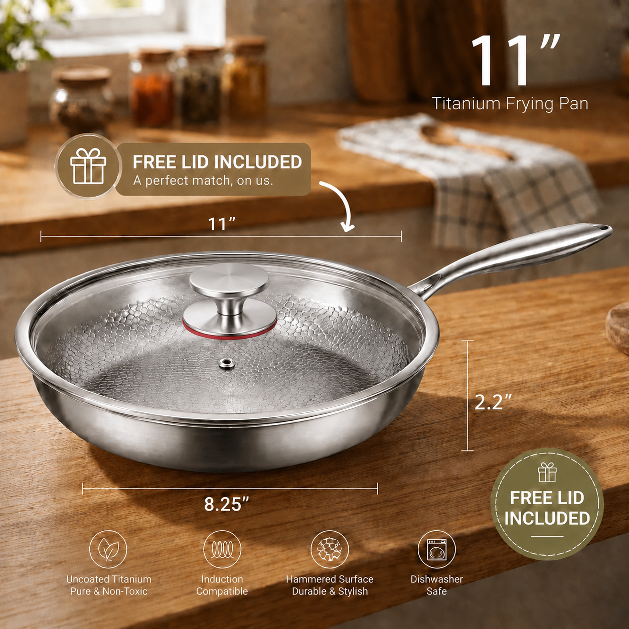 Houseland A stainless steel 11-inch frying pan with a clear glass lid on a wooden kitchen countertop. The image includes dimension markings showing the pan's width of 8.