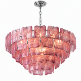 A tiered chandelier featuring textured, translucent pink glass panels suspended from a polished silver-toned metal frame and chain, shown against a plain white background.