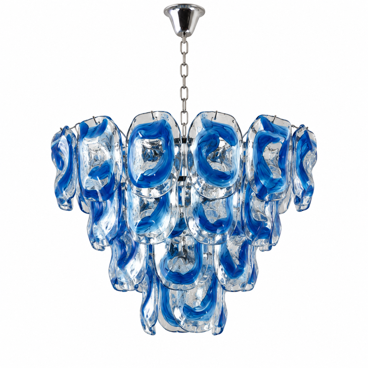 A modern multi-light chandelier featuring blue and clear glass swirls suspended from a polished silver metal chain and canopy, shown against a plain white background.