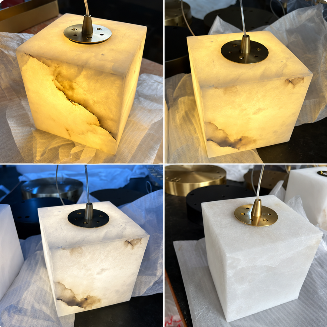 Four-panel collage showing chandelier cube shades with alabaster veining and gold-toned fittings, illuminated and unlit on protective wrapping.