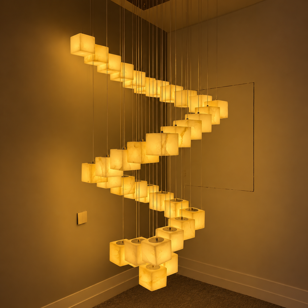 A spiral staircase chandelier made of glowing warm-white square glass cubes suspended in a curved path, installed in a modern interior with warm beige walls.