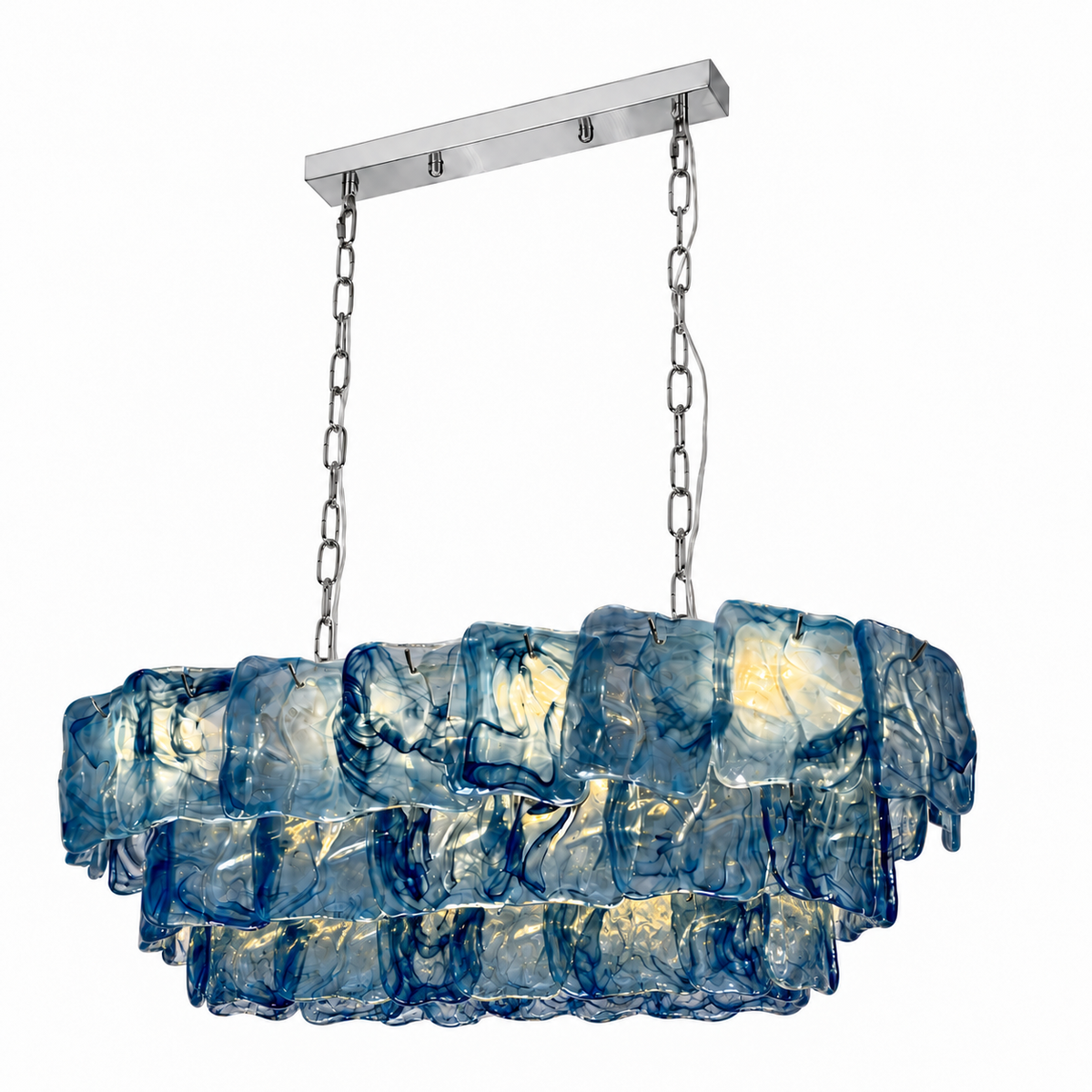 Linear chandelier with three tiers of textured blue glass, silver-toned chains and a matching ceiling canopy against a white background.