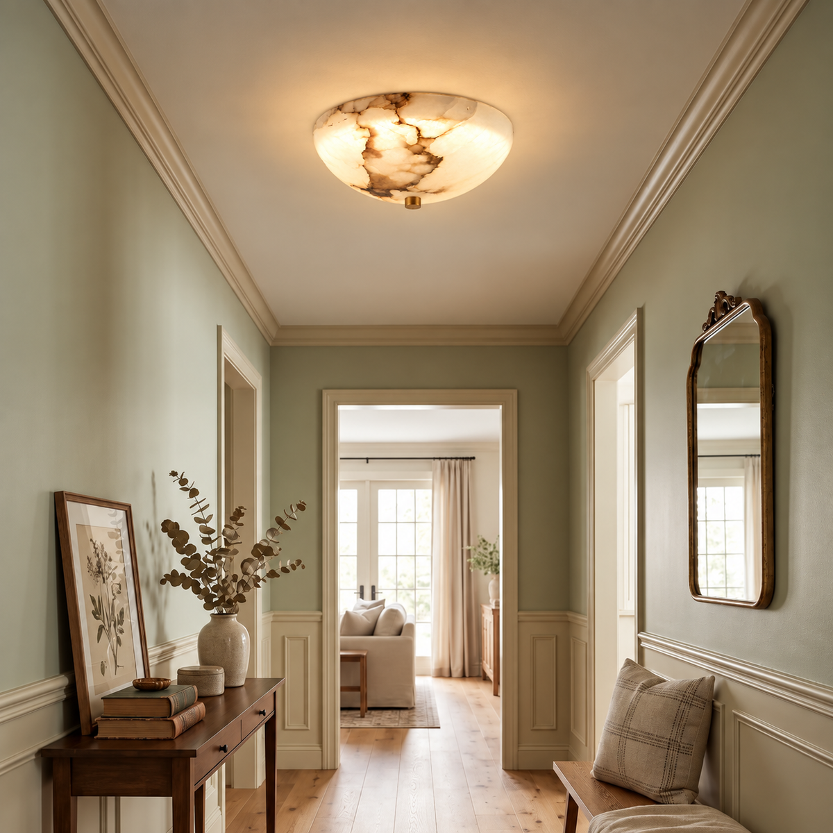 A warm, glowing oval ceiling light with a marbled stone-like pattern hangs in a classic hallway with sage green walls, white trim, a wooden console table, and a bench with cushions.