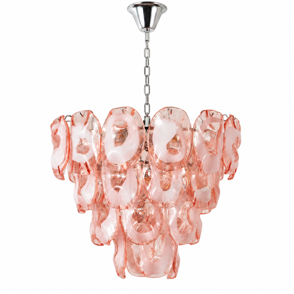 A modern multi-light chandelier featuring wavy, organic-shaped blush pink glass shades suspended from a polished silver-toned metal chain and canopy, shown against a solid white background.
