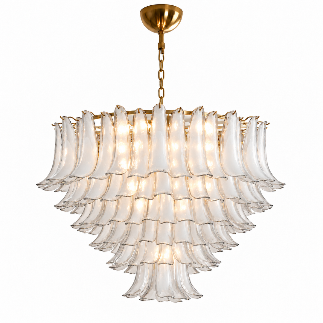 A modern multi-tiered chandelier with clear textured glass bell-shaped shades and a brushed gold metal frame, canopy, and chain, shown against a plain white background.