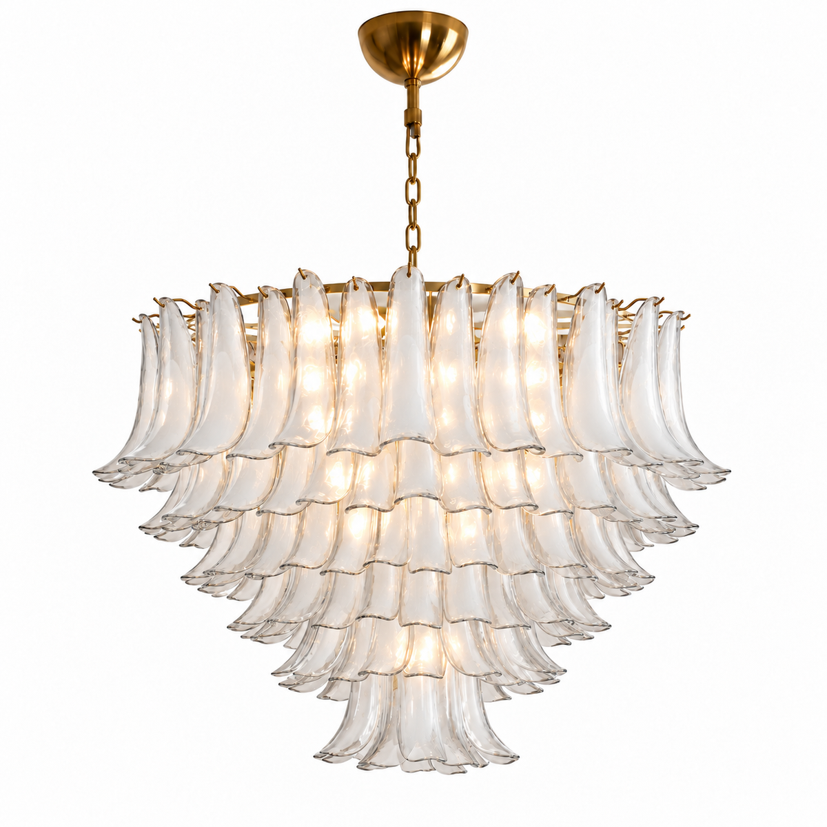 A modern multi-tiered chandelier with clear textured glass bell-shaped shades and a brushed gold metal frame, canopy, and chain, shown against a plain white background.