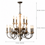 A rustic multi-arm chandelier with candle-style bulbs, shown with dimension lines and labels indicating a width of 75 cm (29.53 in) and two heights of 80 cm (31.