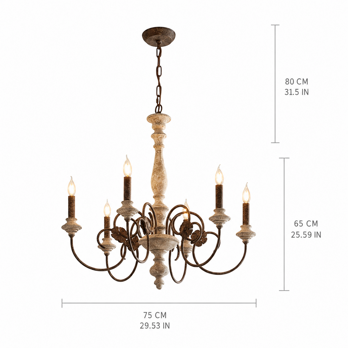 A rustic five-light chandelier with distressed wood and dark metal, shown with dimension lines and text indicating height, width, and candle-style bulb lengths on a white background.