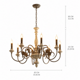An eight-light rustic chandelier with distressed wood and dark metal, shown with dimension lines and text indicating its height, width, and ceiling canopy size.