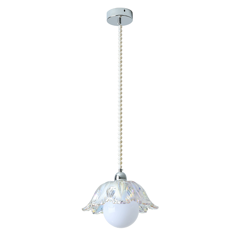 Pendant light with gold fixture and white glass shade on a white background