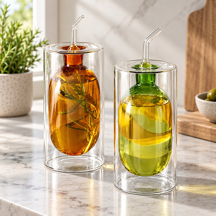 Two double-walled clear glass bottles with curved glass straws sit on a marble countertop. One bottle contains amber liquid with rosemary, and the other contains yellow-green liquid.
