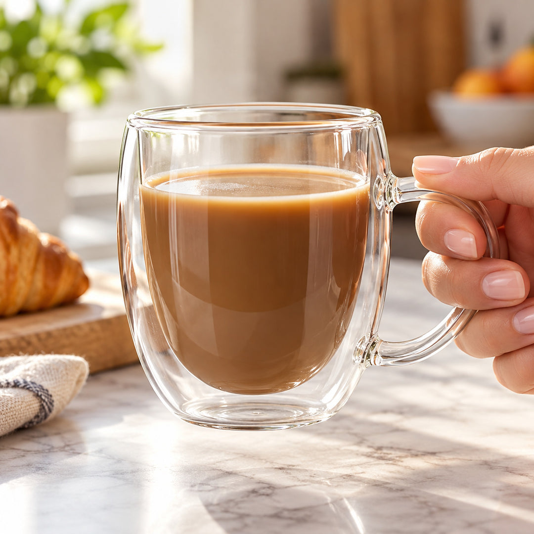 Hand holding the clear handle of one double-wall glass coffee mug at breakfast.