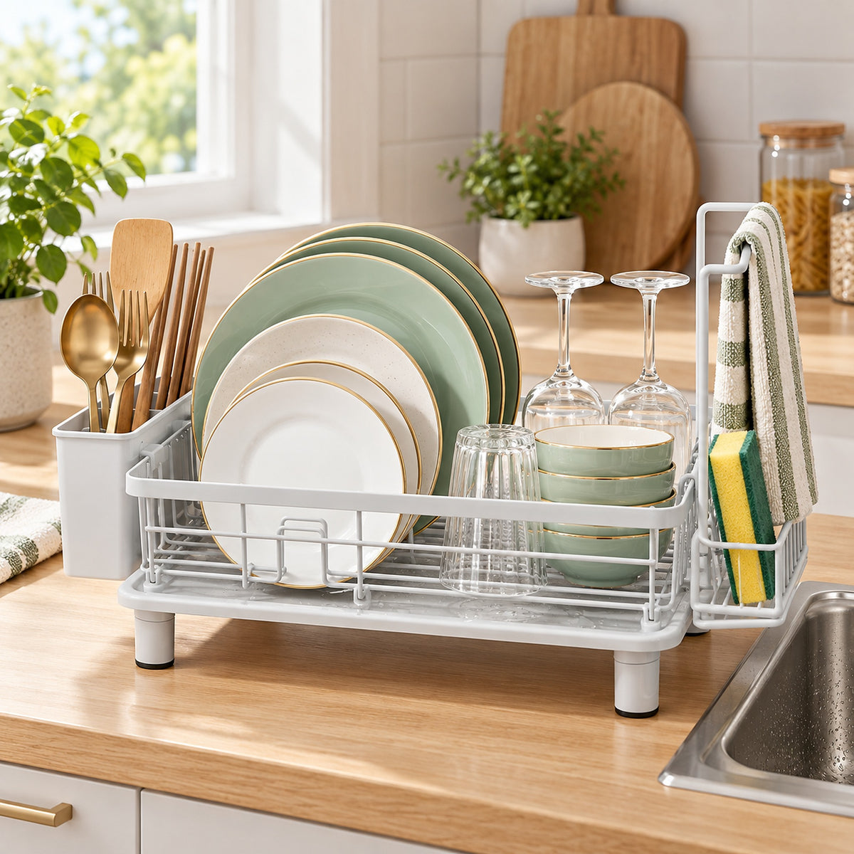 A white plastic under-sink dish rack with legs, shown holding plates, bowls, glasses, and utensils in a bright kitchen setting.
