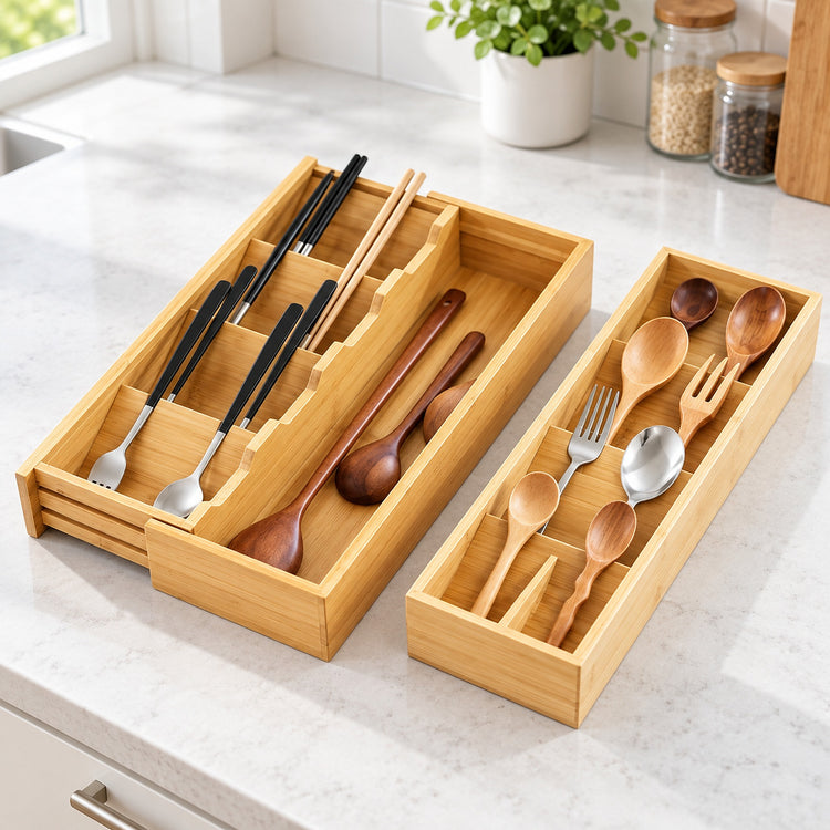Two bamboo kitchen utensil organizers on a white marble countertop, holding silver and wooden dining utensils including spoons, forks, and chopsticks.